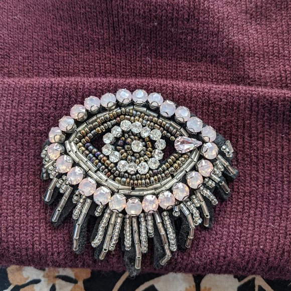 Handmade Accessories - Burgundy Toque with Beaded Gemstone Eye Applique
